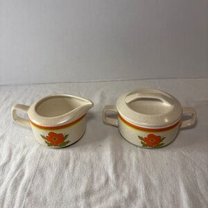 Vintage Lenox TemperWare Fire Flower Creamer & Covered Sugar Bowl Orange Poppies